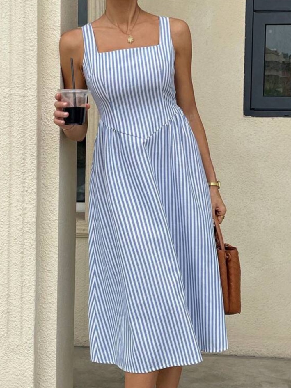 Striped midi dress light blue white boho preppy square neck v waist - Picture 2 of 6